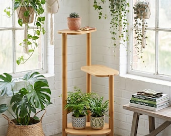 Soporte para plantas de bambú de 3 niveles / Estante esquinero para plantas de interior / Estante escalonado para macetas / Soporte vertical de madera para plantas / Regalo de decoración para el hogar