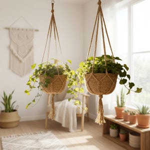 Puede incluir: Dos cestas colgantes de plantas tejidas con plantas verdes. Las cestas están suspendidas por cuerdas y tienen una borla. La habitación tiene una paleta de colores neutros con un tapiz de macramé y otras plantas en macetas.