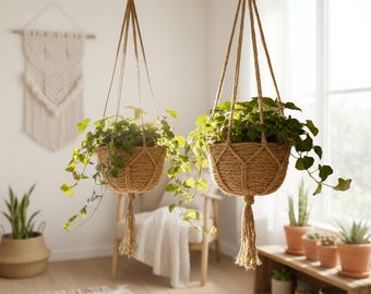 Macrame Jute Plant Hanger | Boho Hanging Planter Indoor Outdoor | Woven Pot Holder | Balcony Plant Holder | Earthy Home Decor Gift