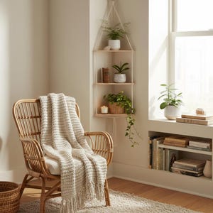 Puede incluir: Un espacio de vida acogedor con una silla de ratán y una manta crema. Una estantería esquinera de macramé exhibe plantas en macetas y una vela. Un alféizar con libros y una planta crea un ambiente cálido y acogedor.