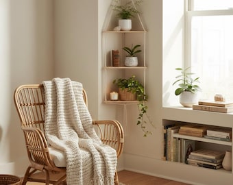 Estante colgante esquinero bohemio de 3 niveles / Estante flotante de macramé de madera para plantas / Estante de pared rústico de cuerda para la decoración de la sala de estar, el baño y la habitación infantil.