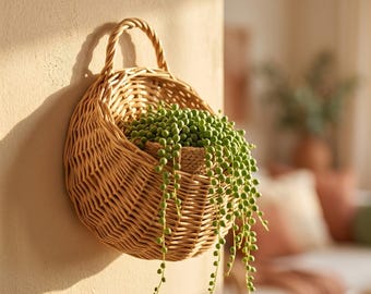 Cesta colgante de mimbre estilo bohemio / Macetero de pared para plantas de interior / Soporte para plantas de ratán / Decoración natural tejida a mano / Regalo de inauguración de casa