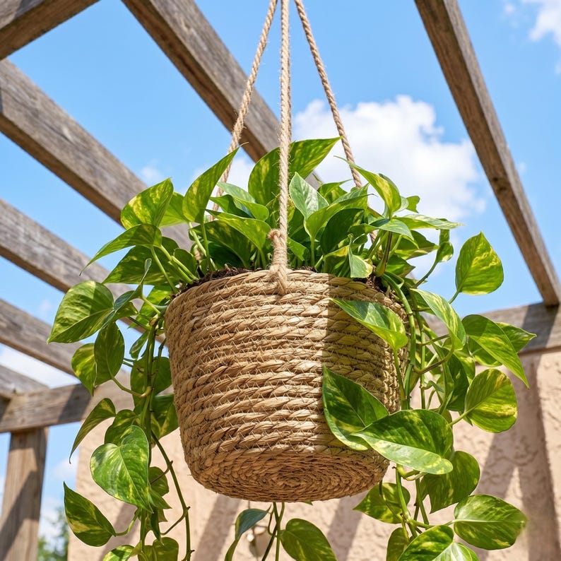 May include: A hanging woven basket planter filled with green and yellow pothos plants. The basket is suspended by rope from a wooden pergola against a blue sky. The plant's leaves are heart-shaped and have yellow variegation.