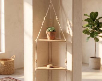 Boho Corner Hanging Shelf | 1, 2 & 3 Tier Macrame Wood Floating Plant Shelf | Rustic Rope Wall Shelf for Living Room Bathroom Nursery Decor
