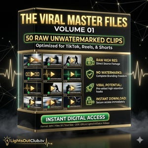 以下が含まれることがあります： 「THE VIRAL MASTER FILES VOLUME 01」と「50 RAW UNWATERMARKED CLIPS」というテキストが書かれたデジタル製品の広告。グラフィックには、ビデオクリップのプレビュー、アイコン、「INSTANT DIGITAL ACCESS」というフレーズが含まれています。TikTok、Reels、Shorts向けに最適化されています。