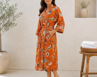 Katoenen badjas oranje bloemen, kimonobadjas handblokprint, lichtgewicht kamerjas voor dames