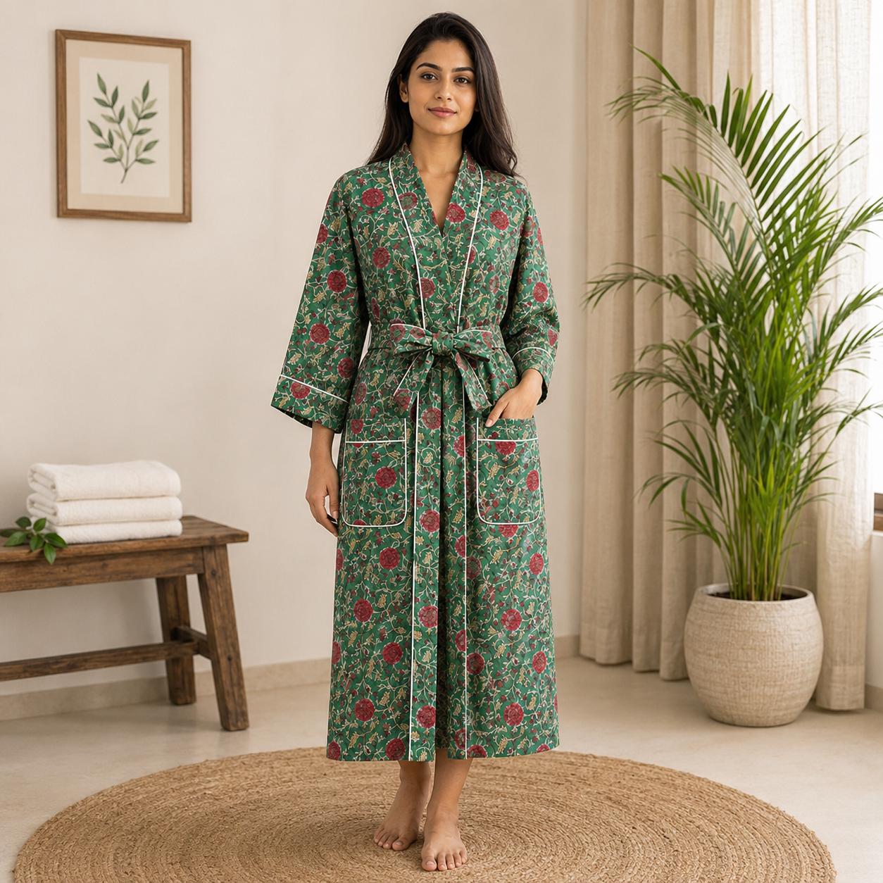 Green Cotton Bathrobe for Women, Hand Block Print Kimono Robe, Lightweight Spa Robe