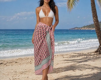 Handmade Cotton Sarong – Floral Geometric Print Beach Wrap, Bikini Cover Up, Head Scarf, Dress