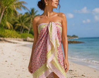 Pink Hand Block Print Cotton Sarong – Floral Geometric Beach Wrap Cover Up