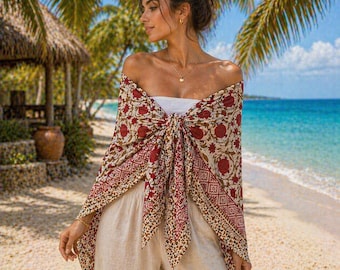 Canga de algodão feita à mão – Estampa floral geométrica, ideal para usar como saída de praia, saída de biquíni, lenço de cabeça ou vestido.