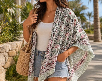 Pareo de algodón con estampado de bloques a mano en color verde – Cubrebaño de playa con estampado floral geométrico