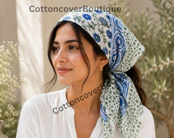 Hand Block Print Cotton Scarf | Blue Floral Green Dot Artisan Neck Scarf