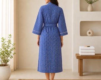 Blue Hand block Print Cotton Bathrobe for Women, Lightweight Kimono Robe, Indian Cotton Dressing Gown