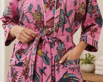 Bata kimono de algodón con estampado floral rosa hecho a mano / Bata de baño ligera para mujer