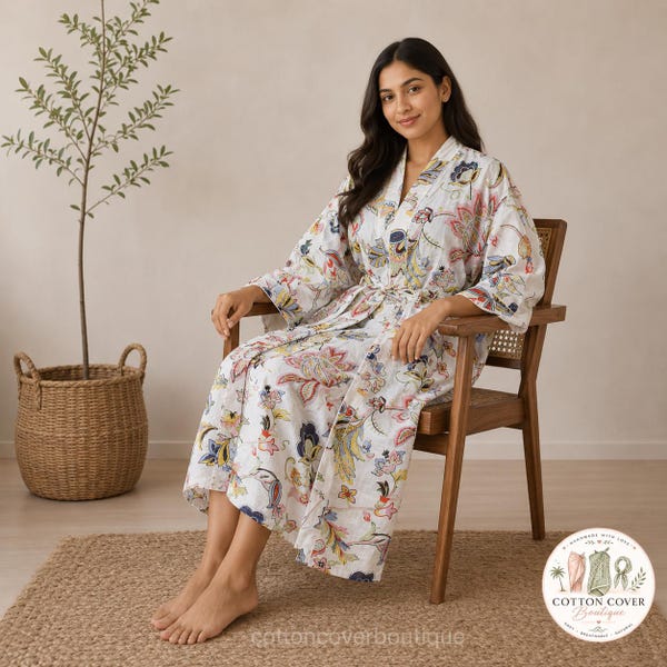 Kimono de algodón con estampado a mano / Bata de verano ligera con estampado floral