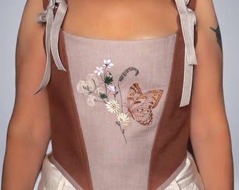 Geborduurd linnen korset Cottagecore Flower Fairy-lijfje