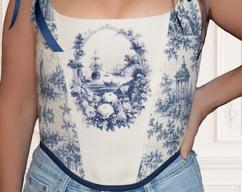 Top corset azul em algodão toile, estilo vintage francês, com laços de fita.