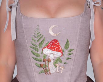 Geborduurd linnen corset Cottagecore Flower Fairy lijfje renaissancestijl voor dames