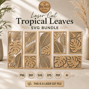 Può includere: Un pacchetto di design digitale con motivi di foglie tropicali tagliate al laser in varie cornici rettangolari. L'immagine mostra testo tra cui BOSO Studio, Laser Cut Tropical Leaves, SVG BUNDLE, formati PNG, DXF, SVG, EPS, PDF, AI e THIS IS A LASER CUT FILE.