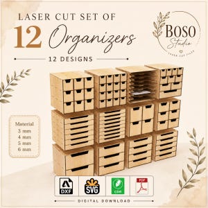 Laser Cut Desk Organizer Bndle SVG, 12 Wooden Storage Designs, Drawer Cabinet Files, Office Desktop Organizer, Digital Download