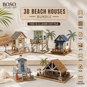 Paquete de casas de playa 3D cortadas con láser, decoración de pueblo costero, miniaturas de madera junto al mar, plantilla de manualidades CNC Glowforge, kit de exhibición para armar usted mismo