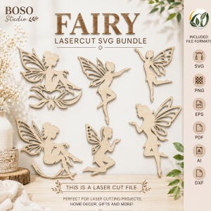 Paquete de siluetas de hadas cortadas con láser, decoración de bosque encantado, arte mural de fantasía, plantilla de madera para manualidades de duendes, diseño CNC Glowforge
