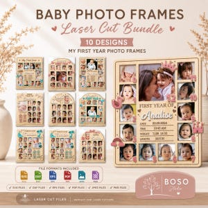 Ensemble de cadres photo bébé découpés au laser, présentoir pour les étapes importantes de la première année, souvenir de chambre d'enfant, porte-photos mensuel, tableau de souvenirs pour bébé