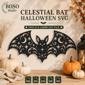 Halloweendekor med himmelsk fladdermus, månbelyst gotisk ornament, häxig väggkonst, kuslig nattuppvisning, ockult inspirerat hantverk, höstfestdekor