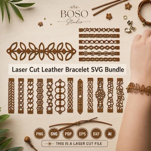 May include: A digital design bundle titled Laser Cut Leather Bracelet SVG Bundle featuring various brown laser-cut bracelet patterns, including floral, geometric, and heart motifs, with file format icons for PNG, SVG, PDF, EPS, DXF, and AI.