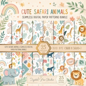 Könnte beinhalten: Ein digitales Musterpaket mit dem Titel CUTE SAFARI ANIMALS mit 25 nahtlosen Designs, die Illustrationen von Elefanten, Giraffen und Löwen sowie Regenbögen und botanische Elemente in sanften Pastellfarben enthalten, 300 DPI, 3600 x 3600 Pixel.