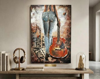 Vintage Handcrafted 3D Metal Guitar Wall Art, Original Painting, Living Room Decor, Housewarming Gift