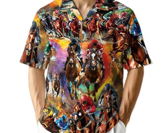 Camisa colorida estilo hawaiano con botones, atuendo ideal para vacaciones tropicales en la playa, con temática de carreras de caballos y carreras de caballos.