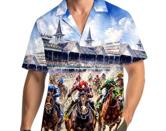 Camisa hawaiana abotonada para carreras de caballos Derby, atuendo tropical para vacaciones en pista de jockeys y estadio.