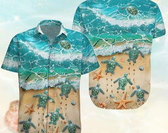 ウミガメとビーチの波模様のハワイアンシャツ　海岸沿いのバケーション　サマースタイル