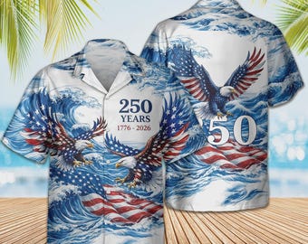 Chemise hawaïenne vague drapeau américain 250e anniversaire pygargue à tête blanche