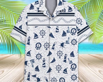 Camisa hawaiana con botones y estampado de velero y faro, ideal para viajes al océano y vacaciones en la playa.