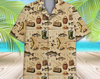 Fishing Gear Aloha Button Up, Bass Fish Tackle Print Tropical Beach Vacation Shirt