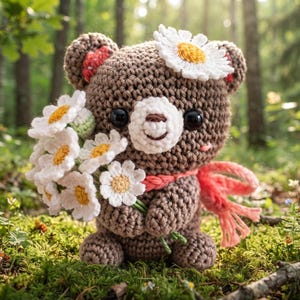 Crochet Bear Pattern PDF | Cute Amigurumi Teddy Bear with Daisy Flowers | Plush Toy Crochet Tutorial | Easy DIY Gift | Instant Download