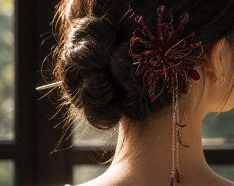 Red Spider Lily Hair Stick - Oil Drop Resin Tassel Hanfu Pin