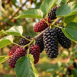 May include: A branch of a mulberry tree featuring clusters of elongated, textured fruit in varying stages of ripeness, ranging from deep red to dark purple-black, interspersed with serrated, bright green leaves and the text Haqia Nursery.