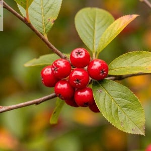 May include: A cluster of bright red berries growing on a thin brown branch with serrated green leaves. The berries are round and smooth, featuring small star-shaped indentations at their base. The foliage displays hints of yellowing at the edges.