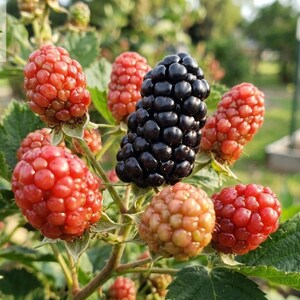 May include: A cluster of blackberries on a green leafy plant, featuring one large, ripe, glossy black berry surrounded by several smaller, firm, red, and light pink unripe berries. The text Haqia Nursery is visible in the top left corner.