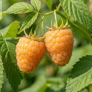 May include: Two ripe golden raspberries hang from a green stem surrounded by serrated green leaves. The berries have a textured, bumpy surface and a conical shape. The text Haqia Nursery is visible in the upper left corner of the image.