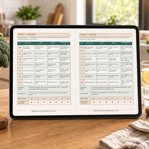 Könnte beinhalten: Ein digitales Tablet, das eine zweiseitige Essensplanungs-Vorlage mit den Titeln Week 3 Balance und Week 4 Sustain anzeigt. Das Rasterlayout enthält Spalten für Frühstück, Mittagessen, Abendessen und Snacks sowie Zeilen für jeden Wochentag.