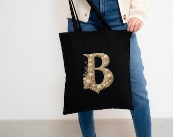 Gold Pearl Monogram Bride Tote Bag | Initial B Canvas Tote| Bride beach bag