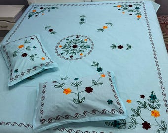 Handmade floral suzani bed sheet, cotton embroidery, includes two pillow covers