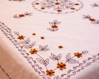 Peach Floral Embroidered Double Bedsheet with Pillow Covers | Brown Orange Motif