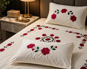 Ręcznie robiony komplet pościeli z kwiatowym haftem w róże | Miękka bawełniana pościel podwójna
