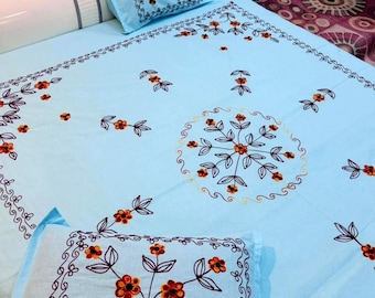 Handmade Suzani Bedsheet Set, Floral Cotton, Boho Indian Embroidery, Full/King
