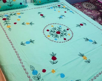 Handbesticktes Suzani Bettlaken Set, Hellgrüne Blumen Kissenbezüge